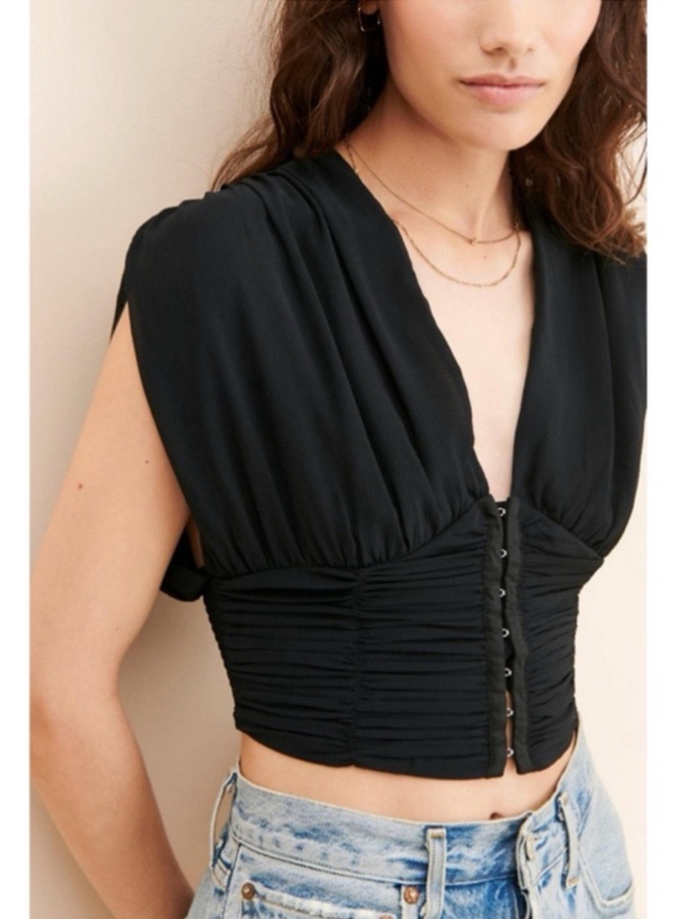 Free People Black Ruched Corset-Style Blouse